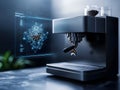Futuristic espresso machine with holographic coffee bean analysis display