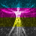 Vitruvian man in explosion of computer data and print colors stripes.