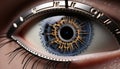 Futuristic eye with advanced tech and digital focus on business concepts of time and vision