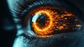 Futuristic eye, digital data, iris scan, close-up, dark background, tech concept Royalty Free Stock Photo