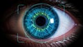 Futuristic eye technology with digital interface and cyber security themes Royalty Free Stock Photo