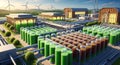 A futuristic facility featuring rows of cylindrical bioreactors filled with green and brow Royalty Free Stock Photo
