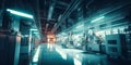 futuristic factory with advanced machinery and robots working alongside human workers. Generative AI