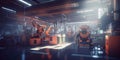 futuristic factory with advanced machinery and robots working alongside human workers. Generative AI