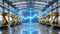 Futuristic Factory Automation: AI-Powered Robotics and Holographic Data Visualization Royalty Free Stock Photo