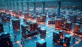 Futuristic factory floor displays connected devices. Miniature figures move among interconnected tech units. Optimization of