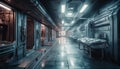 Futuristic factory workshop modern machinery, steel equipment, empty corridor, blue lighting generated by AI