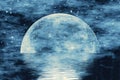 Futuristic fantastic image of the moon shining on the water surface against the background of the starry sky.Nebula.Reflection. Royalty Free Stock Photo