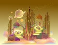 Futuristic fantastic landscape of a fairytale city on an alien planet. Flight to Mars. Abstract fantasy background of fairyland Royalty Free Stock Photo