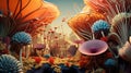 Futuristic fantasy floral composition of mushrooms, algae, flowers and other plants. Background with natural motif for design