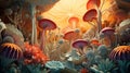 Futuristic fantasy floral composition of mushrooms, algae, flowers and other plants. Background with natural motif for design