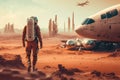 Futuristic fantasy image city building on Mars, flying ships with astronaut,