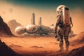 Futuristic fantasy image city building on Mars, flying ships with astronaut,