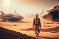 Futuristic fantasy image city building on Mars, flying ships with astronaut