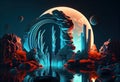 Futuristic fantasy landscape, sci-fi landscape with planet, neon light Royalty Free Stock Photo