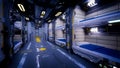 Futuristic fantasy space station interior corridor through crew quarters. 3D illustration