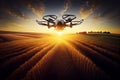 Futuristic farming automation using drones over farm fields in agriculture. Generetive AI