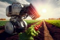 Futuristic farming machines and solar powered robots working in orchand. Generative AI