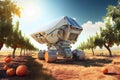 Futuristic farming machines and solar powered robots working in orchand. Generative AI