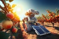 Futuristic farming machines and solar powered robots working in orchand. Generative AI