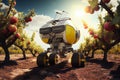 Futuristic farming machines and solar powered robots working in orchand. Generative AI