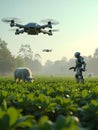 A futuristic farming scene featuring drones and a robot tending to sheep in a lush green field, symbolizing innovation and harmony