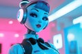 Futuristic female android with headphones in neon setting Royalty Free Stock Photo