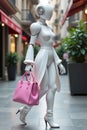 Futuristic female android walking with pink handbag Royalty Free Stock Photo