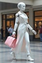 Futuristic female android walking in shopping mall Royalty Free Stock Photo