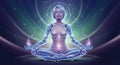 Futuristic female cyborg meditating in a digital world with glowing elements and tech patterns. concept of cyber meditation Royalty Free Stock Photo