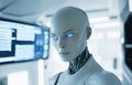 Futuristic female humanoid robot with glowing blue eyes in high-tech lab, AI research or science software Royalty Free Stock Photo