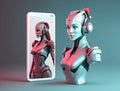 Futuristic female robot with AI and another one in screen of smartphone. Concept of communication, chatbot with artificial