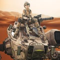 Futuristic Female soldier sitting on top of her piloted Mech robot machine. Royalty Free Stock Photo