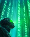 Futuristic figure exploring glowing green data in cyber space
