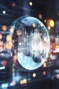 A futuristic fintech badge with a holographic effect overlaying a dynamic digital grid filled with data points.