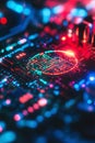 A futuristic fintech badge with a holographic effect overlaying a dynamic digital grid filled with data points.
