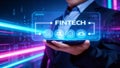 Futuristic FinTech Interface Displayed on Digital Tablet with Data Analytics and Secure Financial Technology Icons Royalty Free Stock Photo