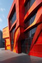 Futuristic Firehouse with Dynamic Angular Form and Flame Motif in Red and Yellow Color Scheme.