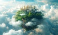 Futuristic Floating City Island Soaring Above Clouds in a Clear Blue Sky Royalty Free Stock Photo