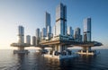 A futuristic floating city with multiple high-rise buildings elevated on platforms above the water generative ai Royalty Free Stock Photo