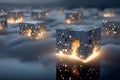 Futuristic Floating Cityscape Above Clouds with Illuminated Cubes for Sci-Fi Art and Design Generative AI Royalty Free Stock Photo