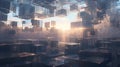 Futuristic Floating Cubes with Horizon Lighting and Minimalist Grid Composition
