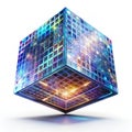 Floating digital cube with rotating holographic patterns