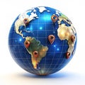 Floating digital globe with glowing map pins