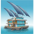 A futuristic floating houseboat with large, curved solar panel sails extends over three Royalty Free Stock Photo