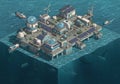 Futuristic floating platform with multiple structures featuring Royalty Free Stock Photo