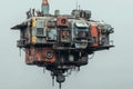 Futuristic floating rusty structure with detailed industrial design and weathered metal surfaces in a pale sky setting Royalty Free Stock Photo