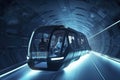 futuristic flying bus with peoples fast driving in sci fi tunnel, coridor. Concept of future. 3d rendering Royalty Free Stock Photo