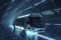 futuristic flying bus with peoples fast driving in sci fi tunnel, coridor. Concept of future. 3d rendering Royalty Free Stock Photo