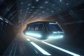 futuristic flying bus with peoples fast driving in sci fi tunnel, coridor. Concept of future. 3d rendering Royalty Free Stock Photo